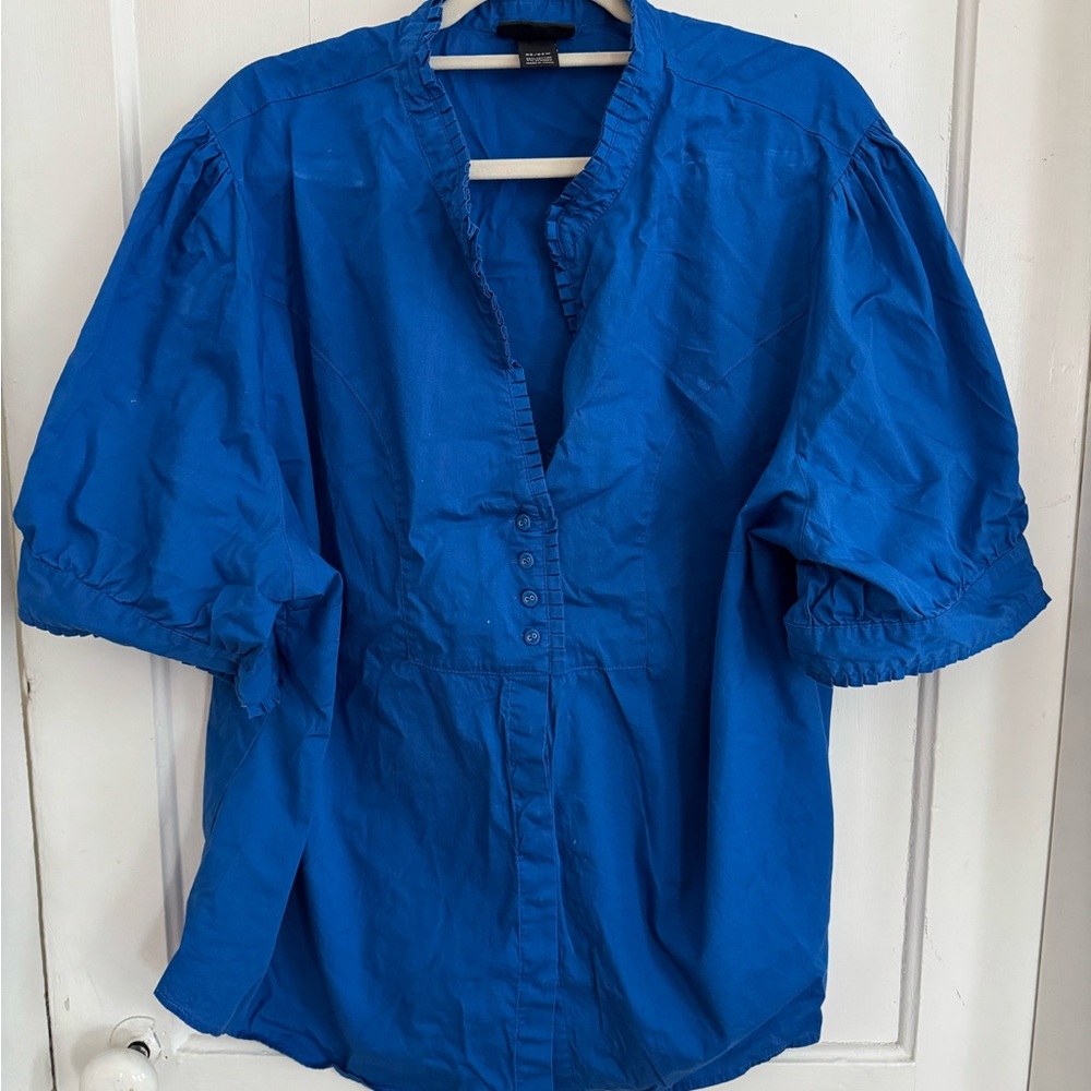 LANE BRYANT Plus Size Solid Cobalt Blue Short Sleeve Cotton Button Down Shirt 3X